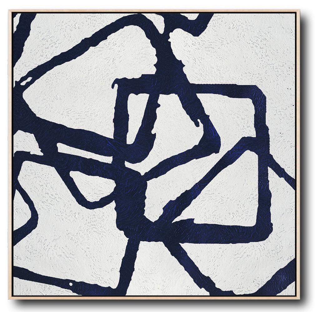 Minimalist Navy Blue And White Painting - Abstract Art For Sale Cheap Large